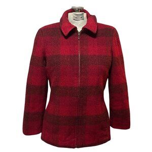 Eddie Bauer‎ Womens Red & Black Plaid Fitted Wool Zipper jacket Small Cabincore